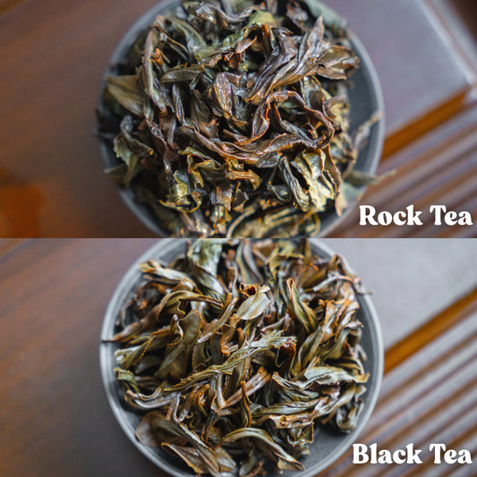 Two bowls of wet tea labeled 'Rock Tea' and 'Black Tea' on a wooden surface