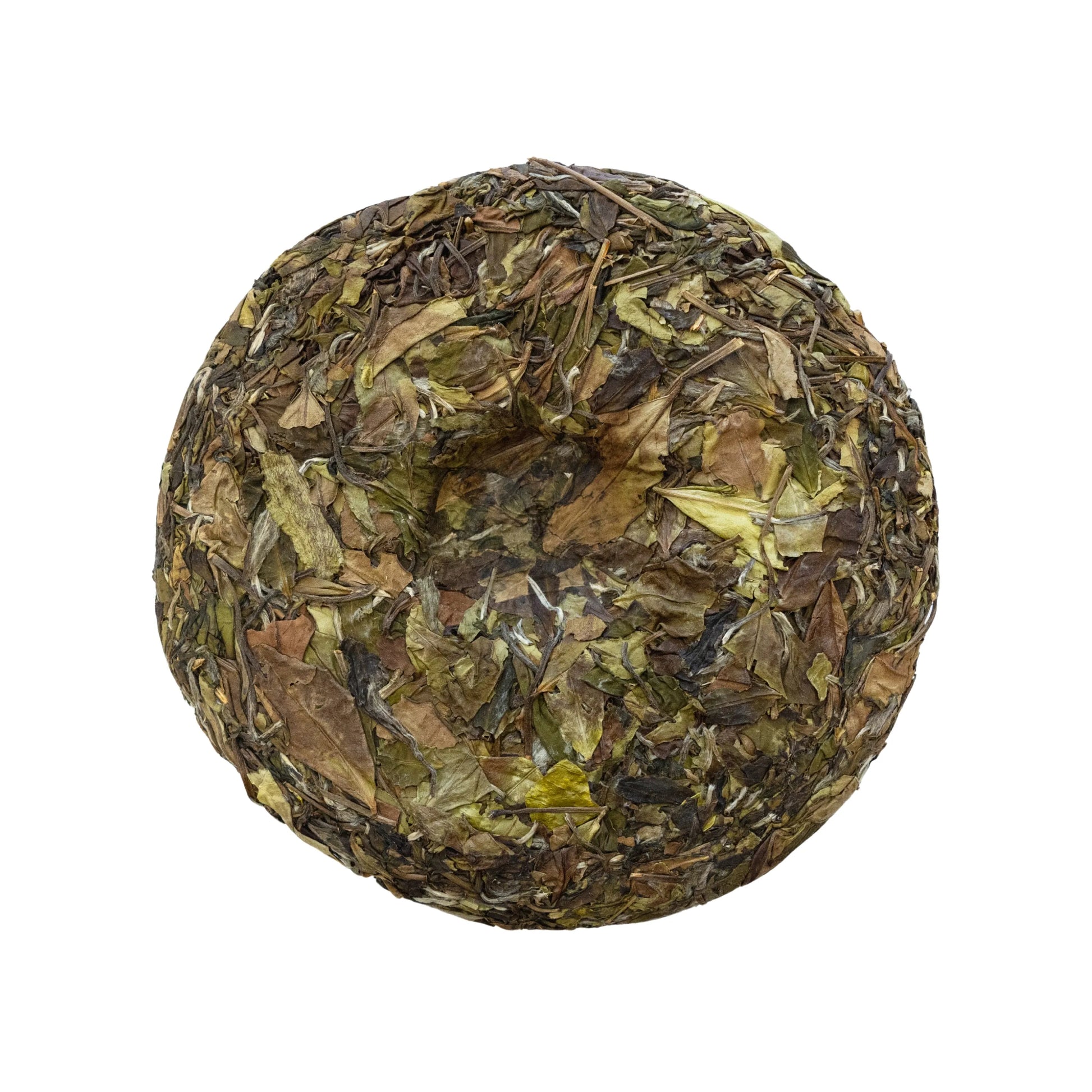 Back side of rooteas autumn dew compressed white tea cake on a white background