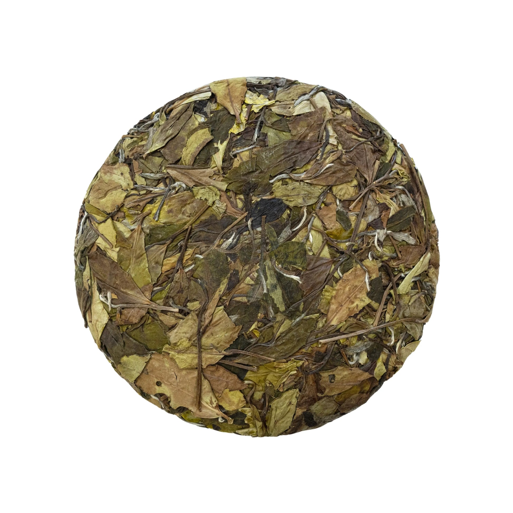 Front side of rooteas autumn dew compressed white tea cake on a white background