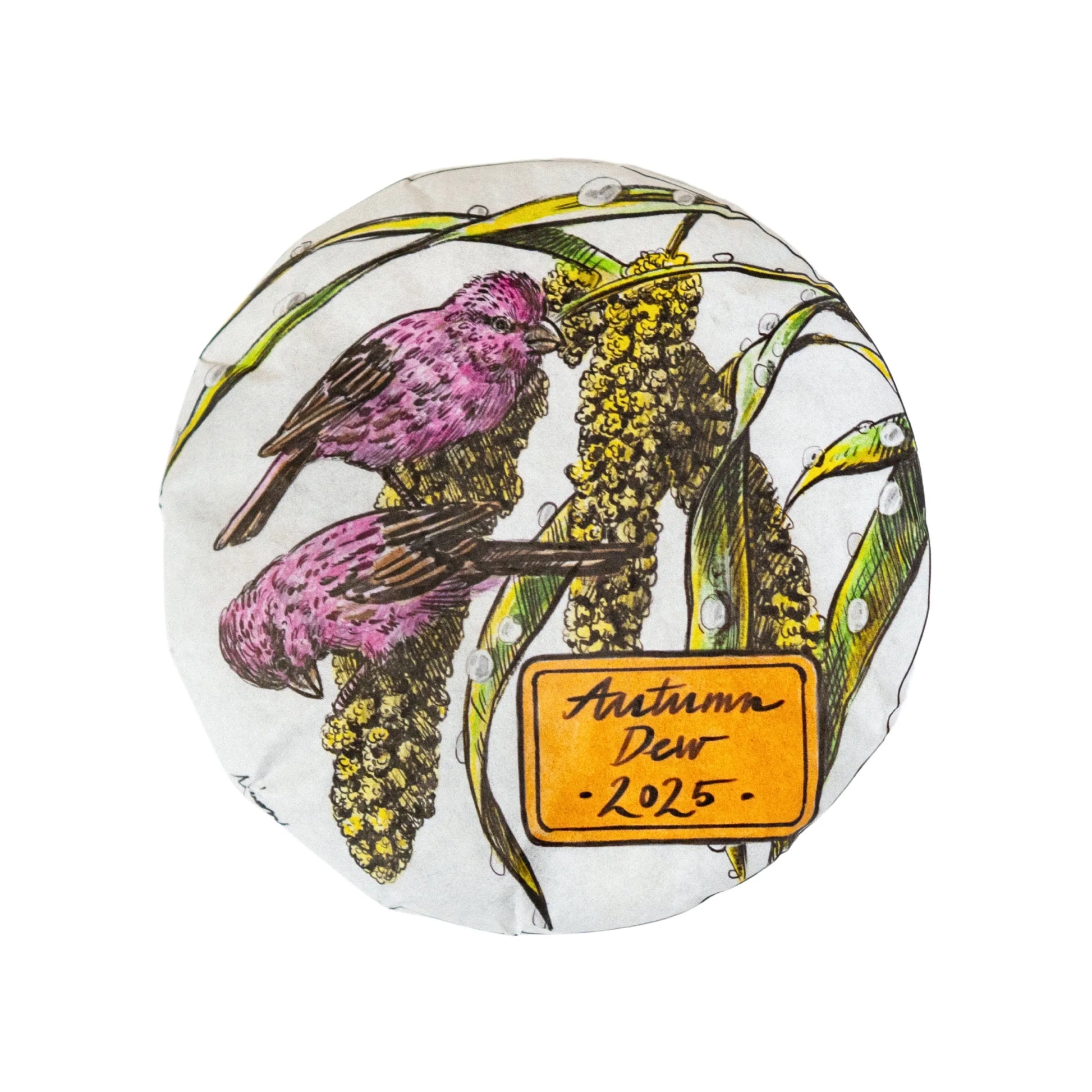 Rooteas autumn dew white tea cake with bird illustration and 'Autumn Dew 2025' label on a white background