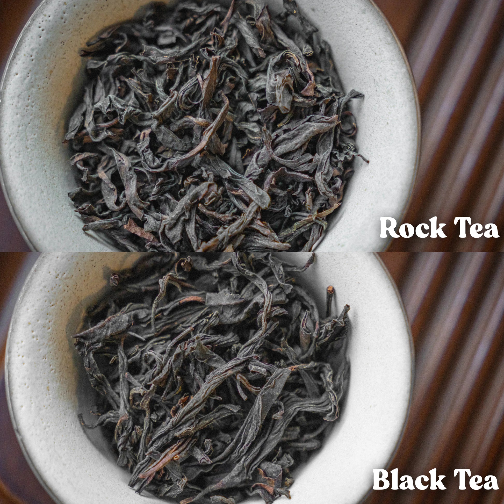 Two white ceramic bowls filled with rock tea and black tea leaves on a wooden surface.