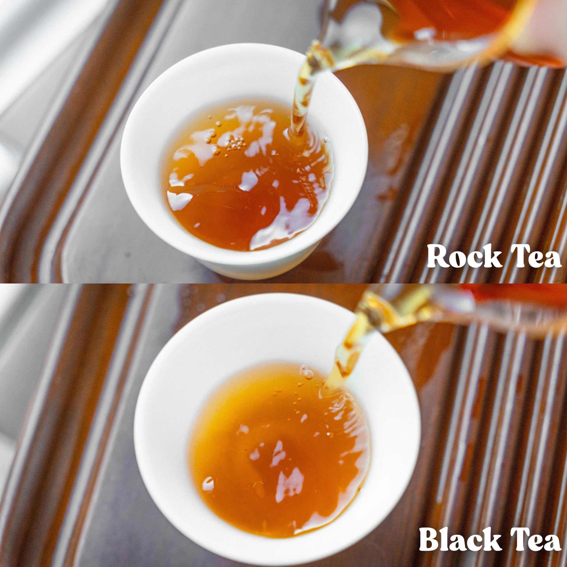 Two images showing tea being poured into white cups with 'Rock Tea' and 'Black Tea' labels.