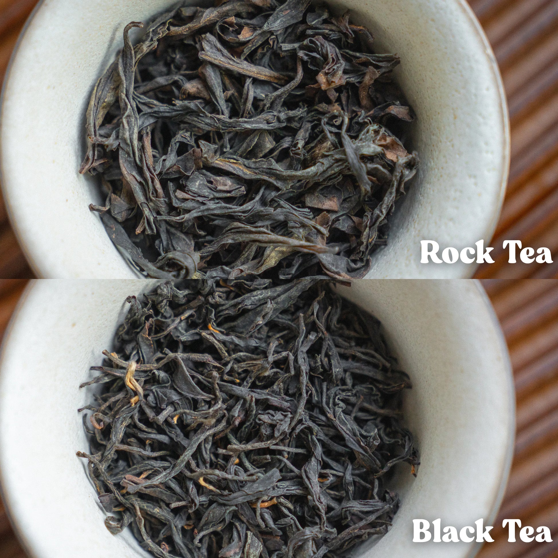 Two bowls of rock tea and black tea with text labels on a wooden surface