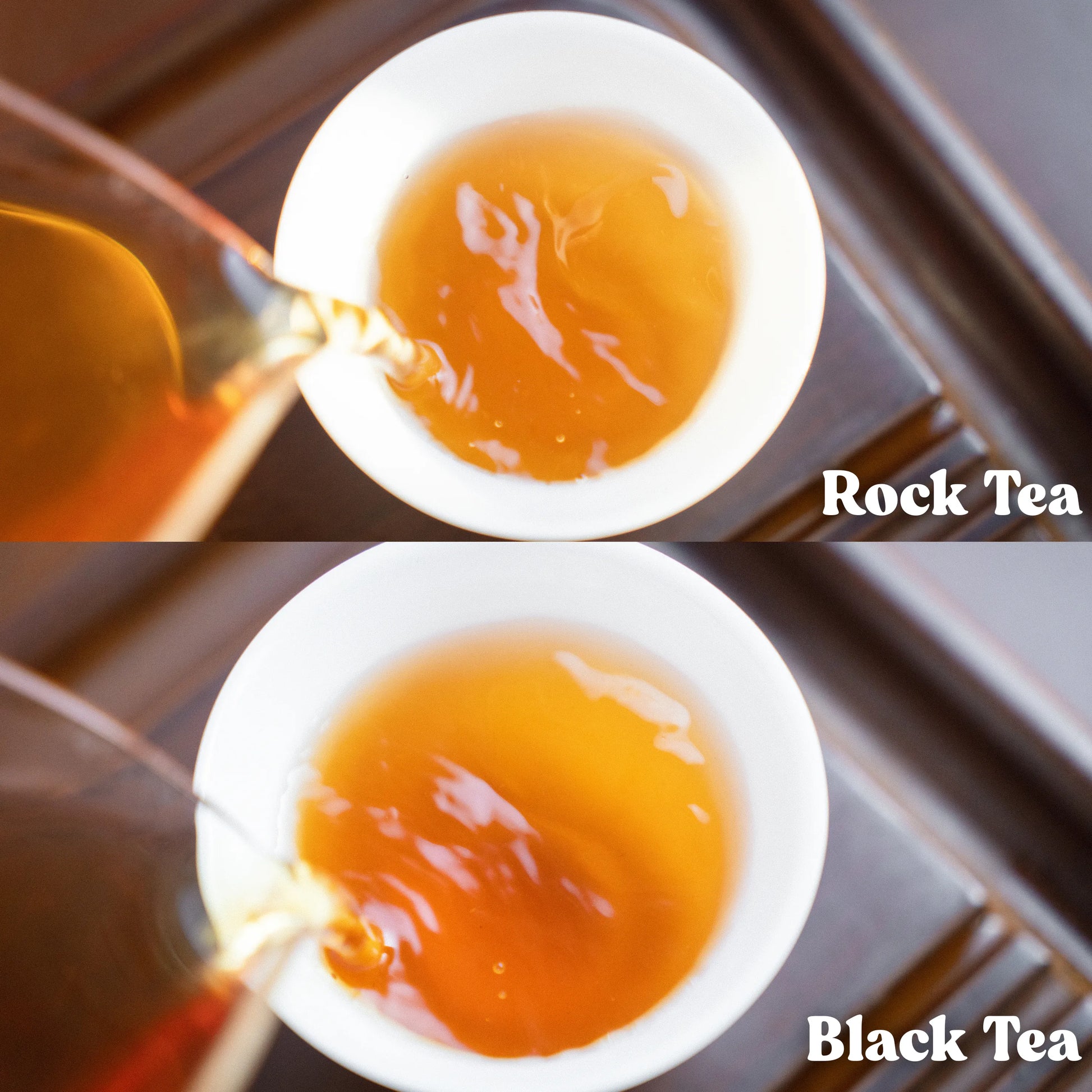 Two images showing tea being poured into white cups with 'Rock Tea' and 'Black Tea' labels