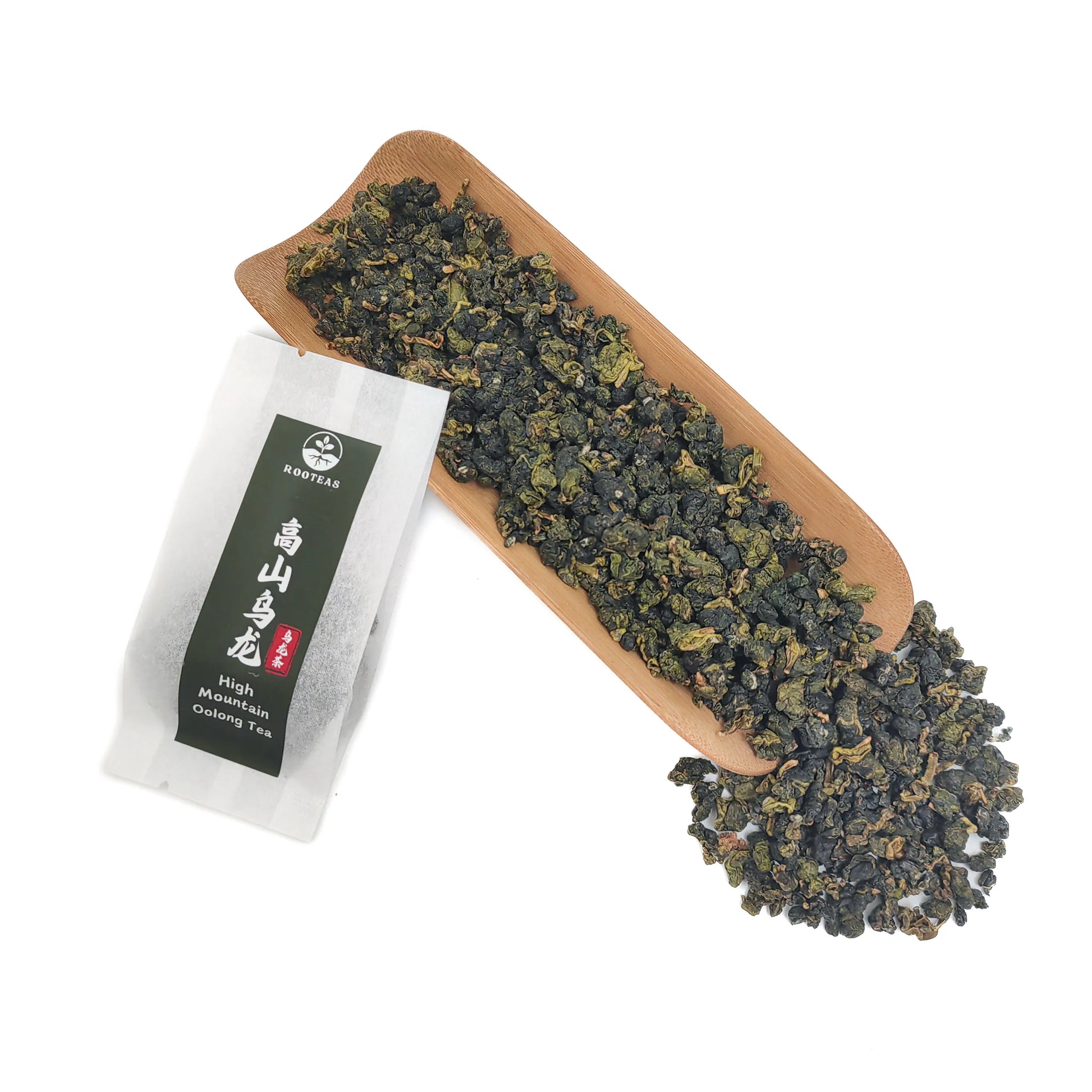 Rooteas high mountain oolong tea leaves on a wooden board with a white packaging labeled 'High Mountain Oolong Tea' on a white background.