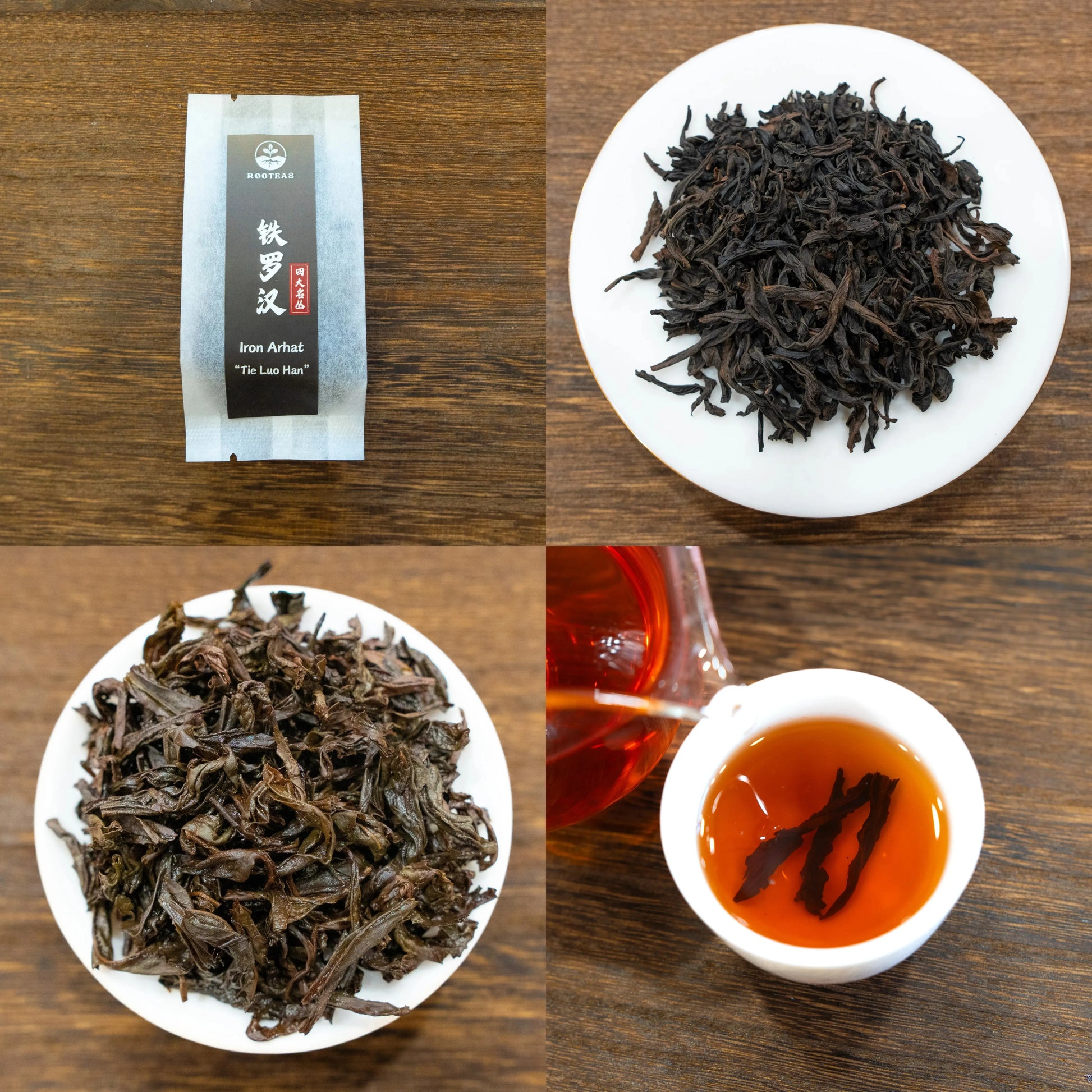 Rooteas iron arhat rock tea packaging, dry tea leaves, and brewed tea on a wooden surface