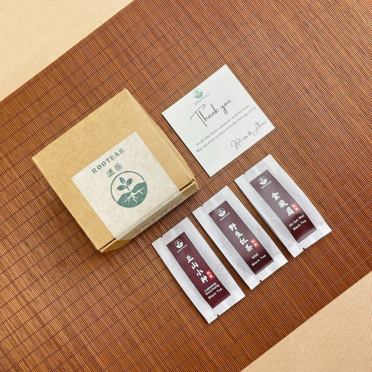 Rooteas black tea sampler box and the three types of black teas in it